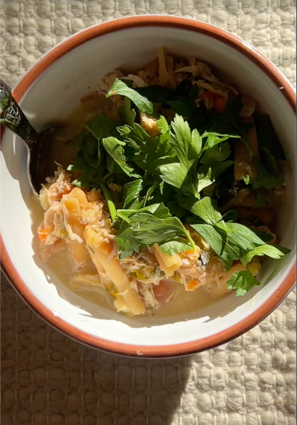 Pasture-Raised Chicken Soup with Chicken Meat stock, Herbs, Lemon and Pasta